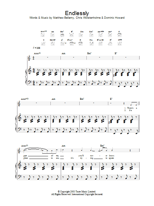 Muse Endlessly sheet music notes and chords arranged for Piano, Vocal & Guitar Chords