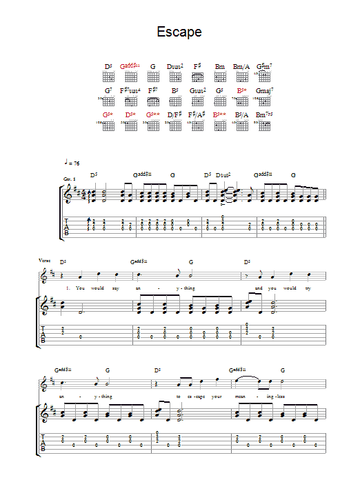 Muse Escape sheet music notes and chords arranged for Guitar Chords/Lyrics