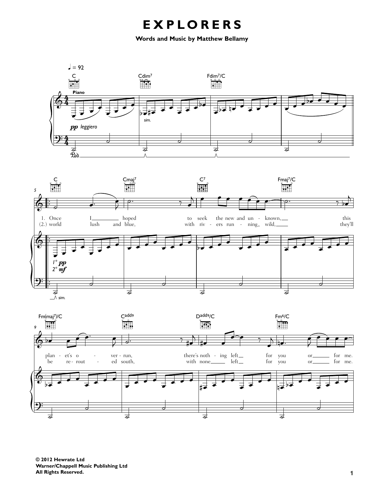 Muse Explorers sheet music notes and chords arranged for Piano, Vocal & Guitar Chords (Right-Hand Melody)