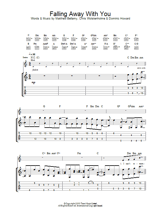 Muse Falling Away With You sheet music notes and chords arranged for Guitar Tab