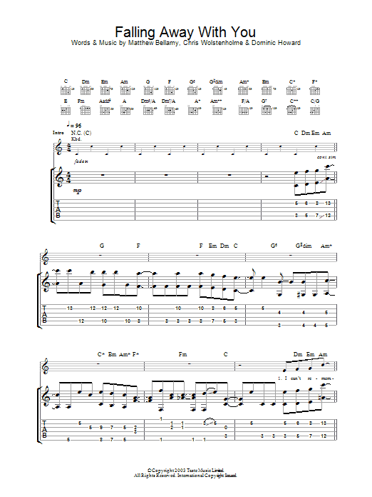 Muse Falling Away With You sheet music notes and chords arranged for Guitar Chords/Lyrics