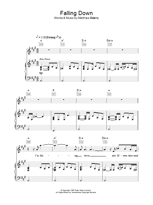 Muse Falling Down sheet music notes and chords arranged for Piano, Vocal & Guitar Chords