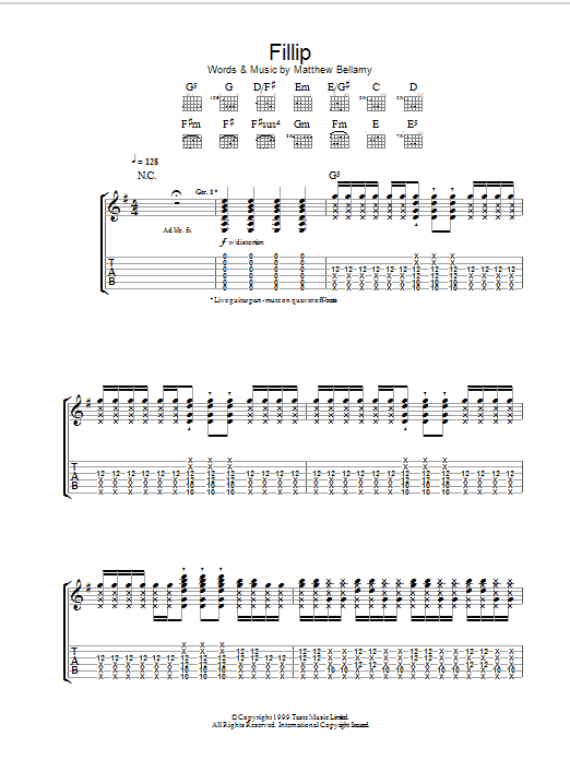 Muse Fillip sheet music notes and chords arranged for Guitar Chords/Lyrics