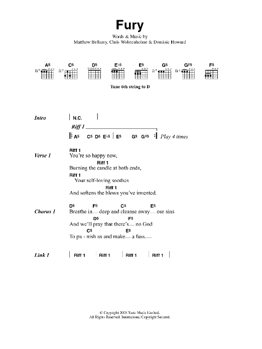 Muse Fury sheet music notes and chords arranged for Guitar Chords/Lyrics