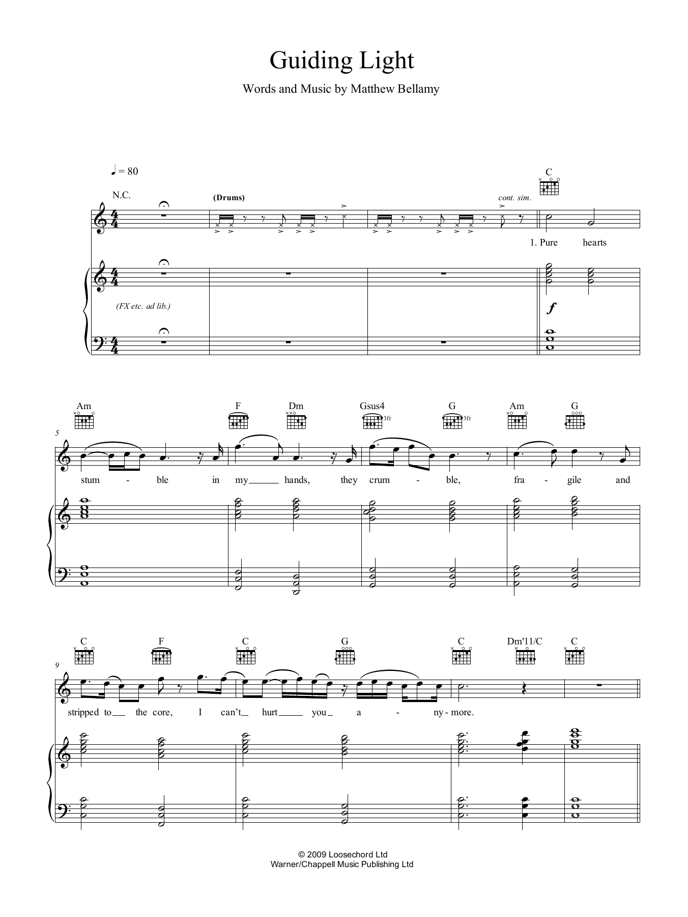 Muse Guiding Light sheet music notes and chords arranged for Piano, Vocal & Guitar Chords (Right-Hand Melody)
