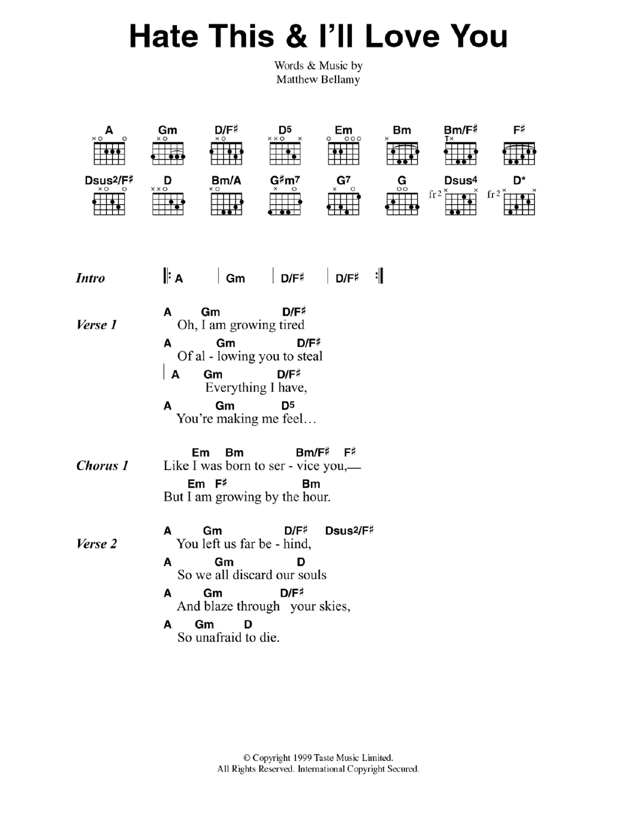 Muse Hate This and I'll Love You sheet music notes and chords arranged for Guitar Chords/Lyrics