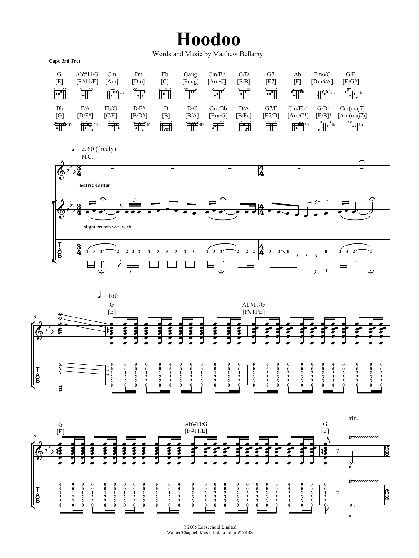 Muse Hoodoo sheet music notes and chords arranged for Guitar Tab