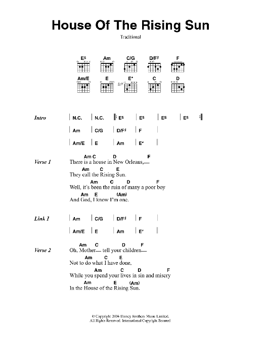 Muse House Of The Rising Sun sheet music notes and chords arranged for Guitar Chords/Lyrics