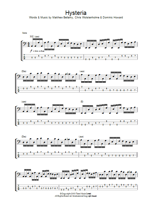 Muse Hysteria sheet music notes and chords arranged for Easy Bass Tab