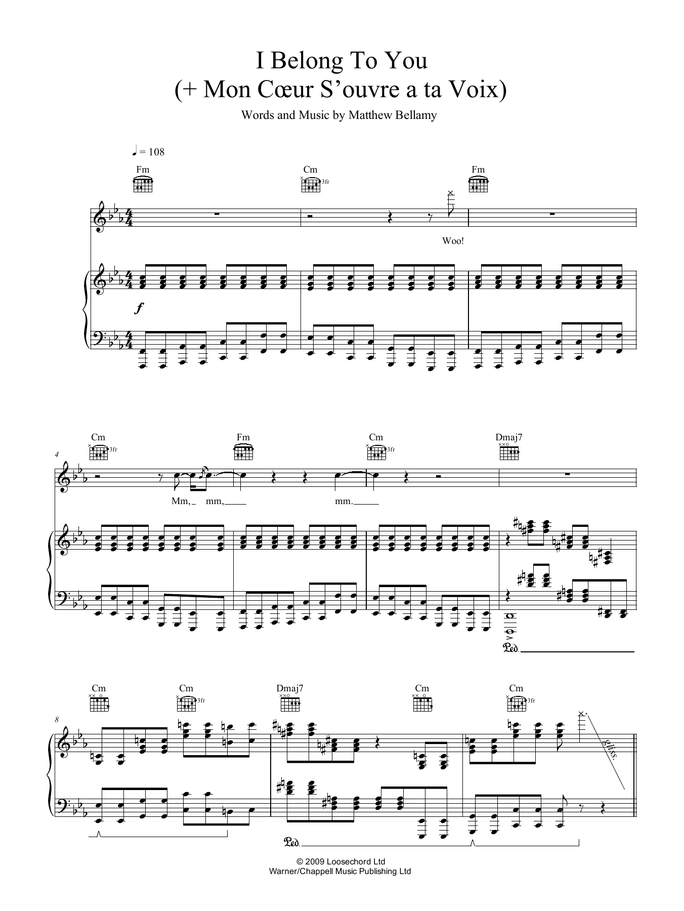 Muse I Belong To You (+ Mon Coeur S'ouvre A Ta Voix) sheet music notes and chords arranged for Piano, Vocal & Guitar Chords (Right-Hand Melody)