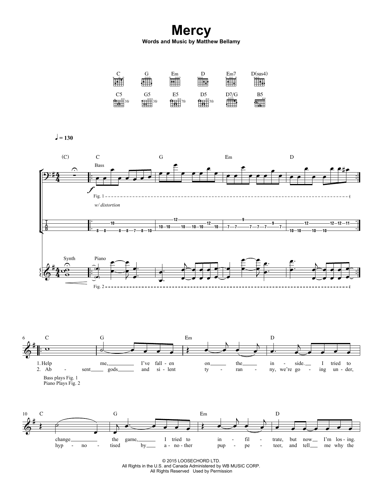 Muse Mercy sheet music notes and chords arranged for Guitar Tab