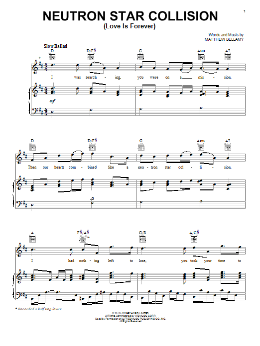 Muse Neutron Star Collision (Love Is Forever) sheet music notes and chords arranged for Piano, Vocal & Guitar Chords (Right-Hand Melody)