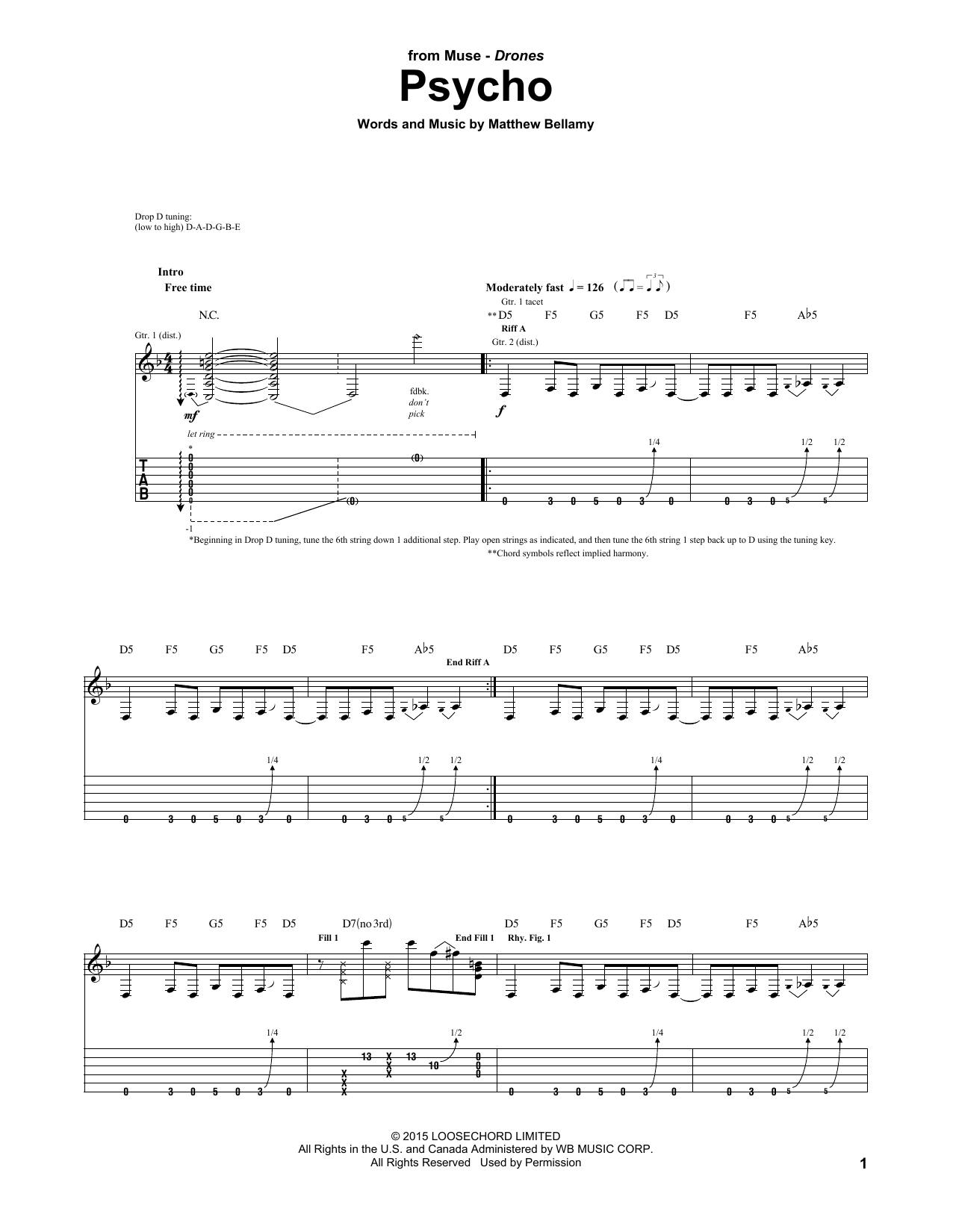 Muse Psycho sheet music notes and chords arranged for Guitar Tab