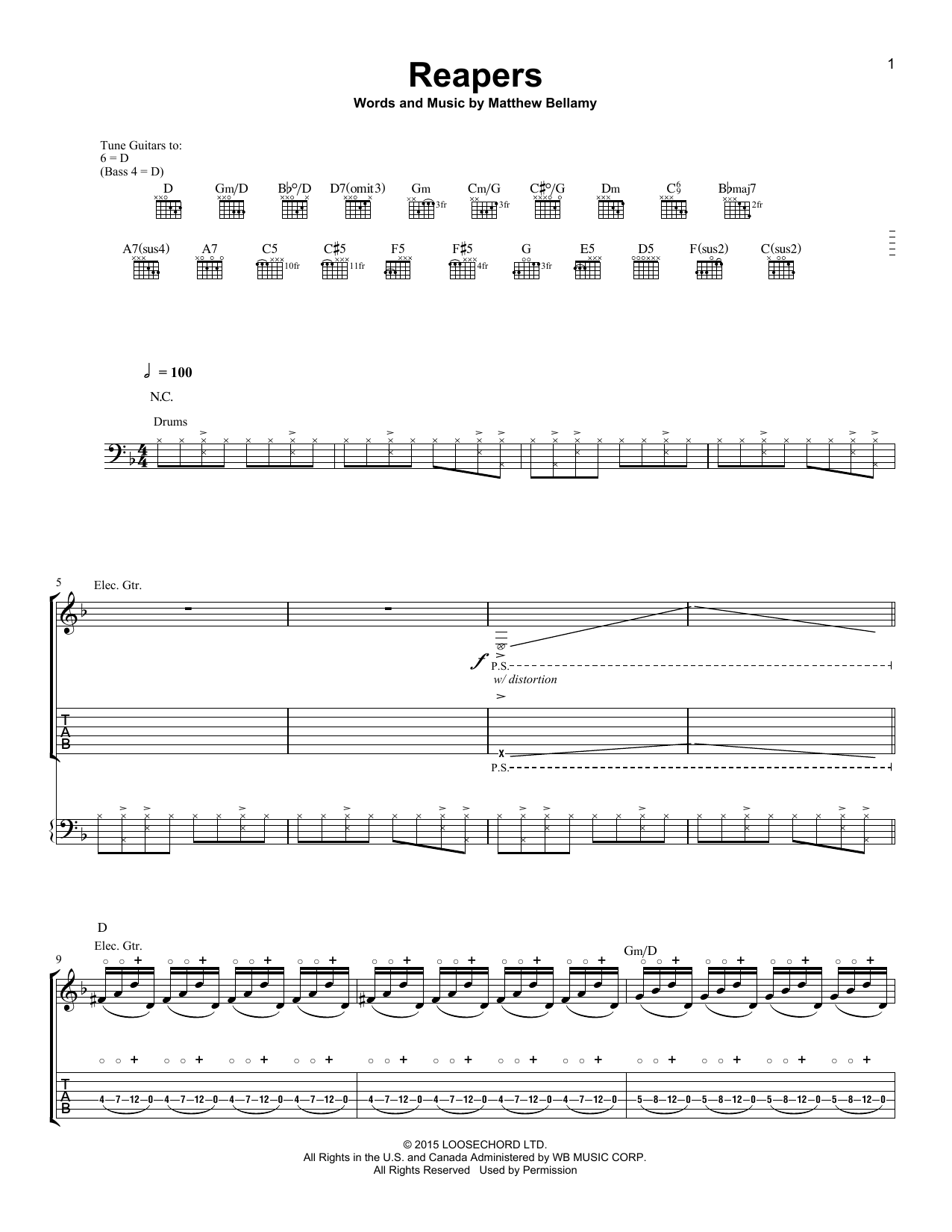 Muse Reapers sheet music notes and chords arranged for Guitar Tab
