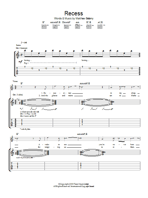 Muse Recess sheet music notes and chords arranged for Guitar Tab
