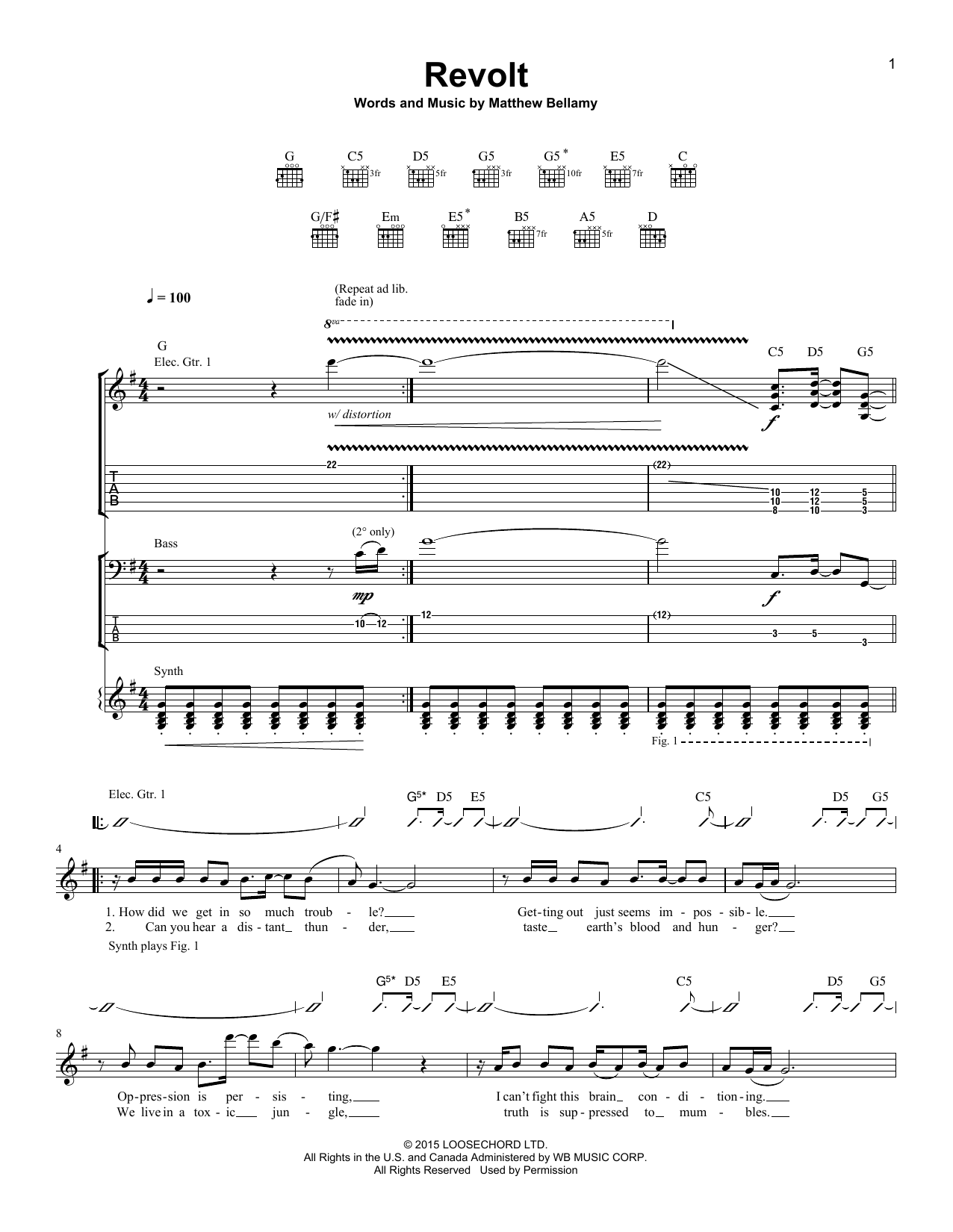 Muse Revolt sheet music notes and chords arranged for Guitar Tab
