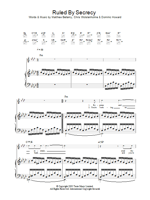 Muse Ruled By Secrecy sheet music notes and chords arranged for Piano, Vocal & Guitar Chords