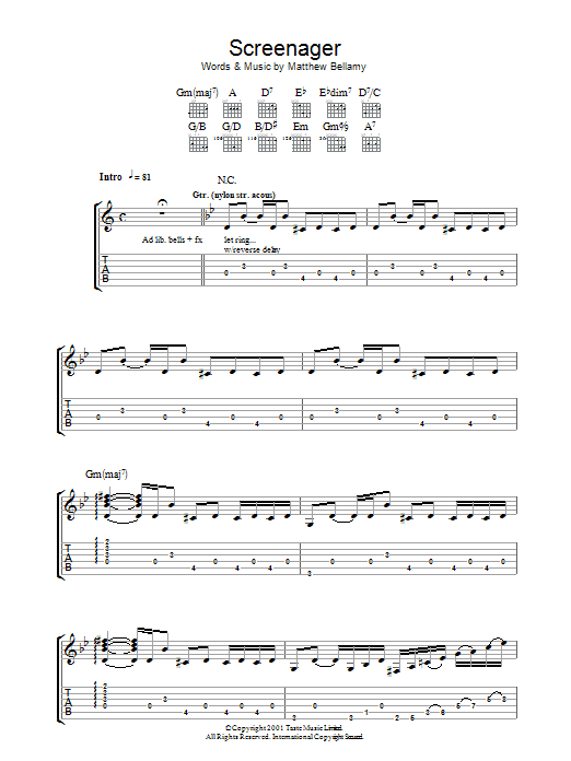Muse Screenager sheet music notes and chords arranged for Guitar Tab