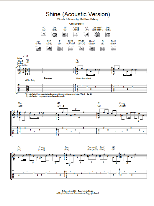 Muse Shine sheet music notes and chords arranged for Guitar Tab