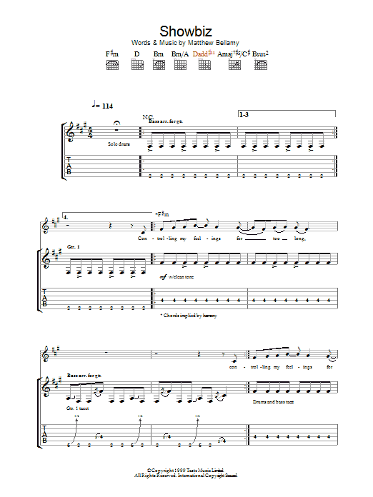 Muse Showbiz sheet music notes and chords arranged for Guitar Tab