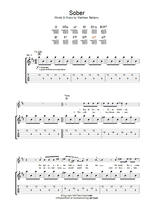 Muse Sober sheet music notes and chords arranged for Guitar Tab