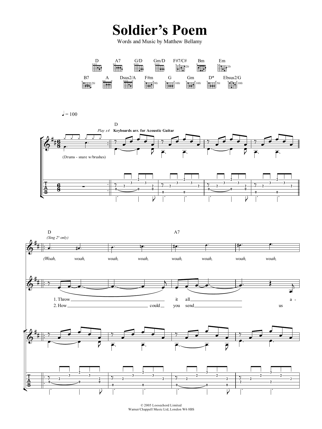 Muse Soldier's Poem sheet music notes and chords arranged for Guitar Tab