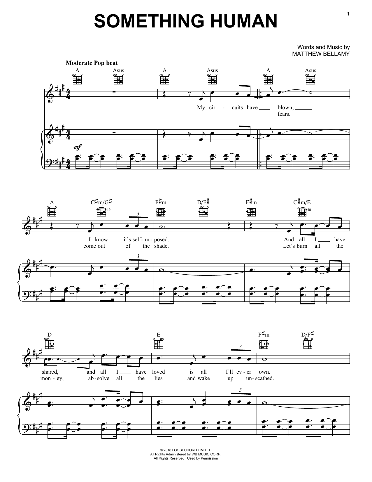 Muse Something Human sheet music notes and chords arranged for Piano, Vocal & Guitar Chords (Right-Hand Melody)