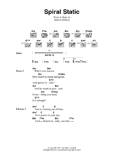 Muse Spiral Static sheet music notes and chords arranged for Guitar Chords/Lyrics