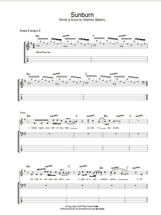 Muse Sunburn sheet music notes and chords arranged for Piano, Vocal & Guitar Chords
