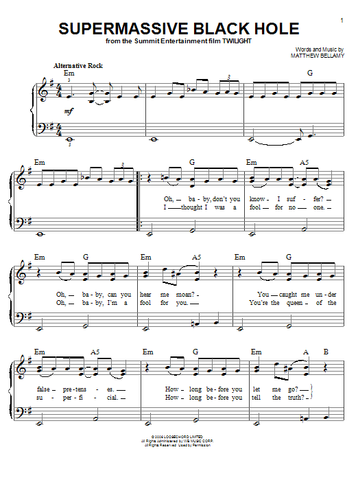 Muse Supermassive Black Hole sheet music notes and chords arranged for Piano Duet