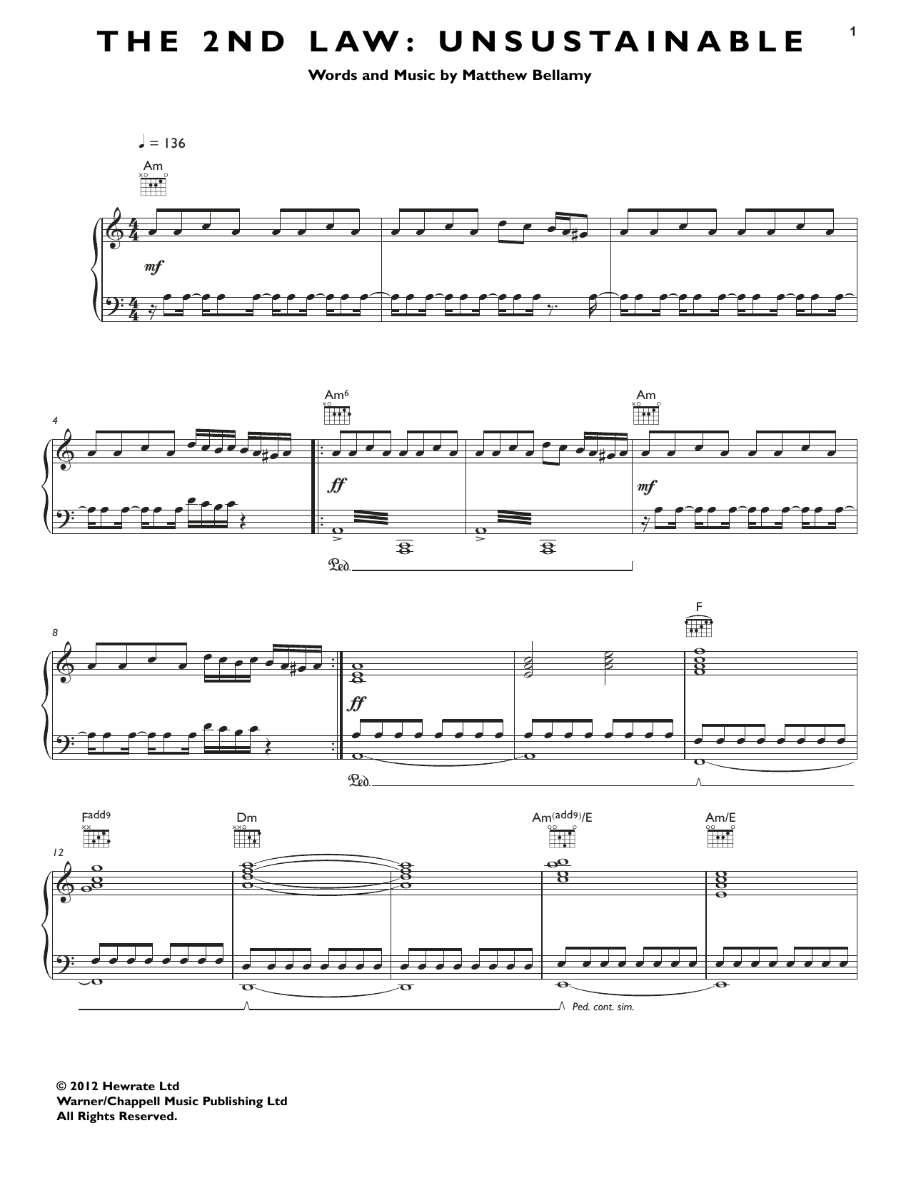 Muse The 2nd Law: Unsustainable sheet music notes and chords arranged for Piano, Vocal & Guitar Chords (Right-Hand Melody)