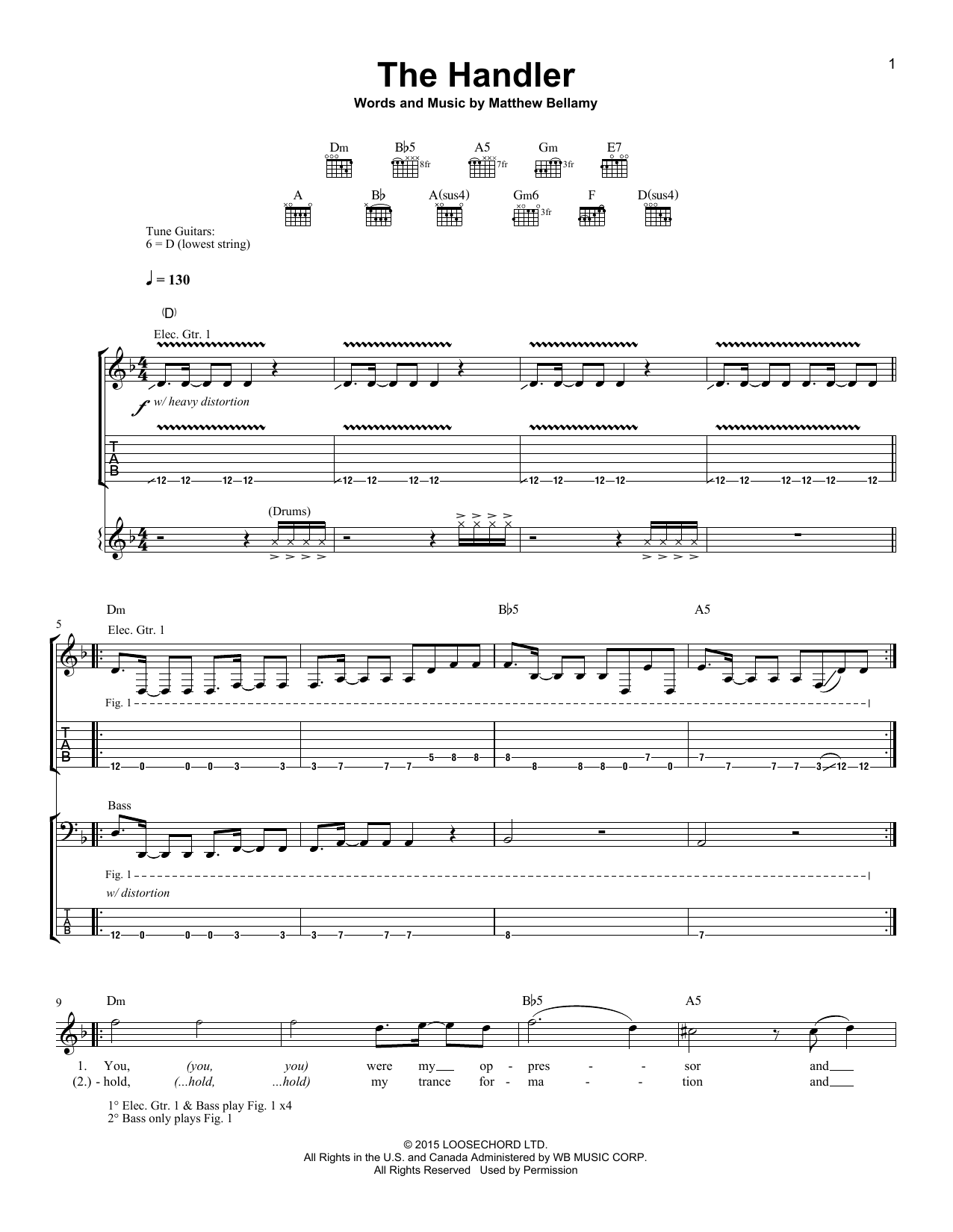 Muse The Handler sheet music notes and chords arranged for Piano, Vocal & Guitar Chords (Right-Hand Melody)