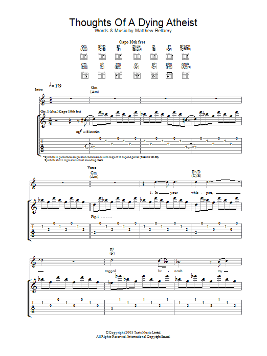 Muse Thoughts Of A Dying Atheist sheet music notes and chords arranged for Guitar Tab