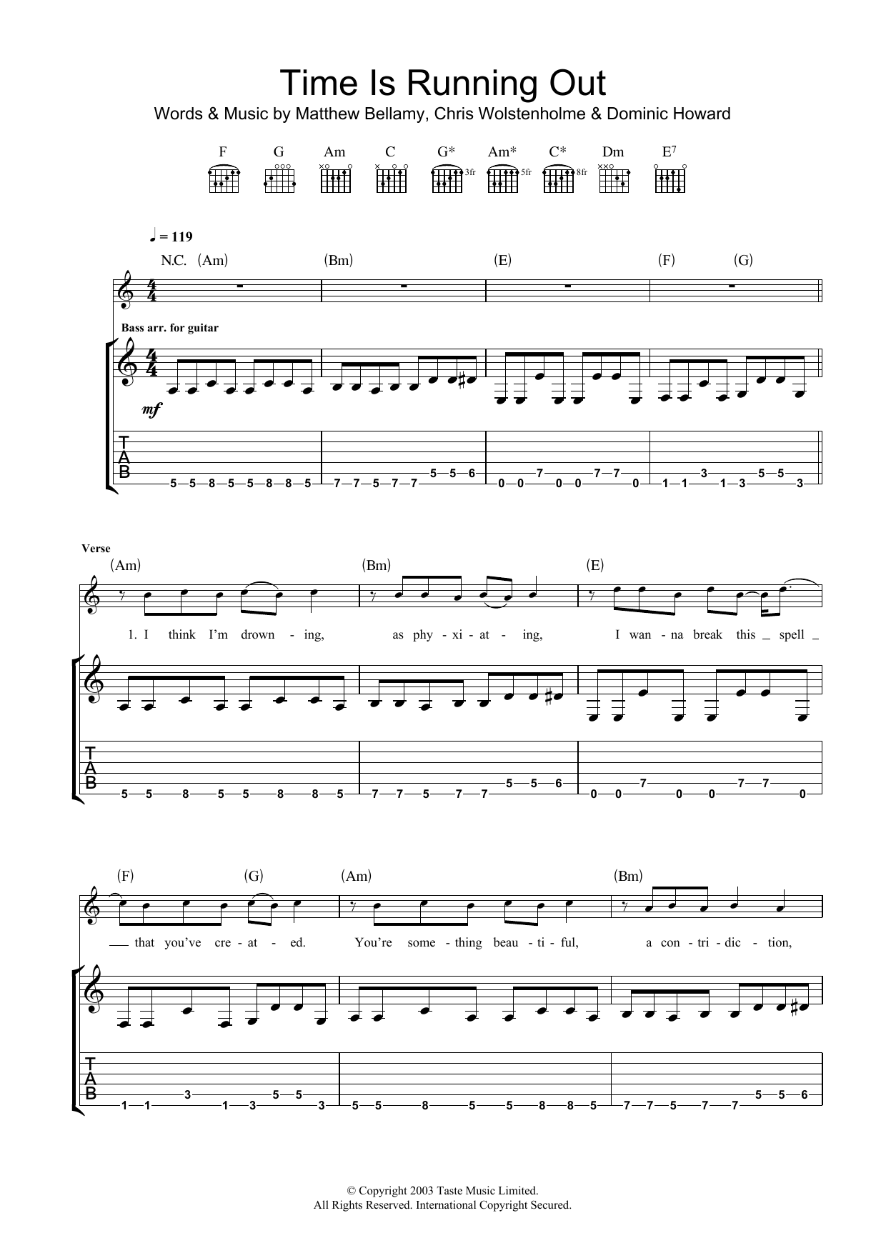 Muse Time Is Running Out sheet music notes and chords arranged for Lead Sheet / Fake Book