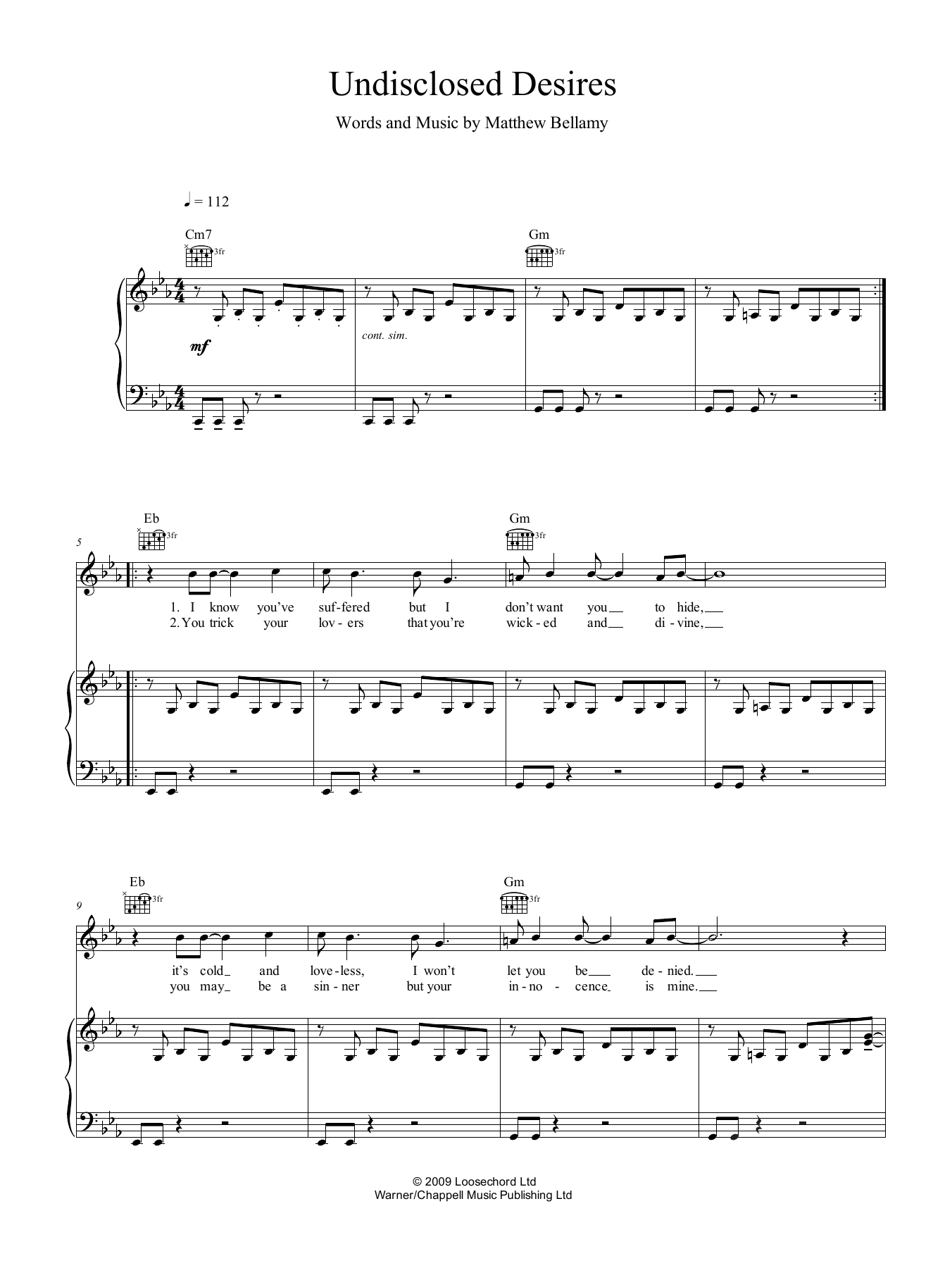 Muse Undisclosed Desires sheet music notes and chords arranged for Easy Piano
