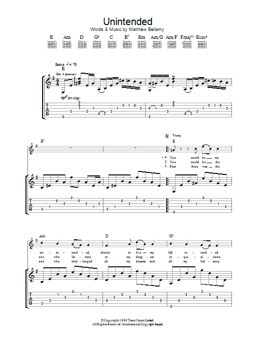 Muse Unintended sheet music notes and chords arranged for Guitar Tab