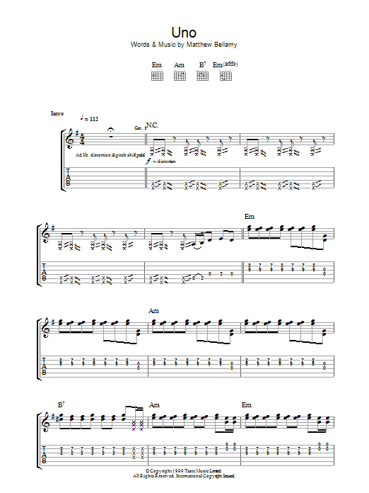 Muse Uno sheet music notes and chords arranged for Guitar Tab