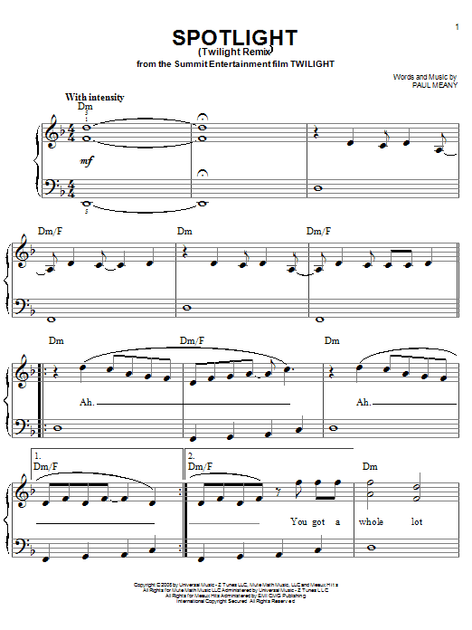 Mute Math Spotlight (Twilight Remix) sheet music notes and chords arranged for Piano, Vocal & Guitar Chords (Right-Hand Melody)
