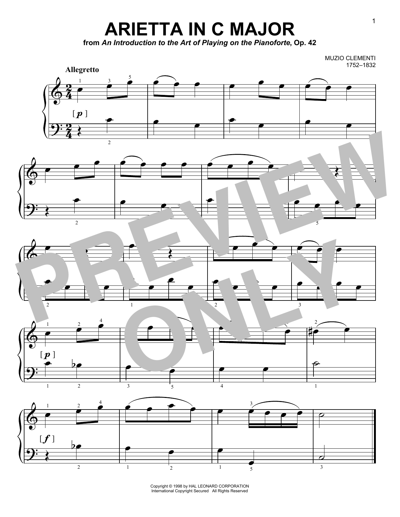 Muzio Clementi Arietta In C Major sheet music notes and chords arranged for Easy Piano