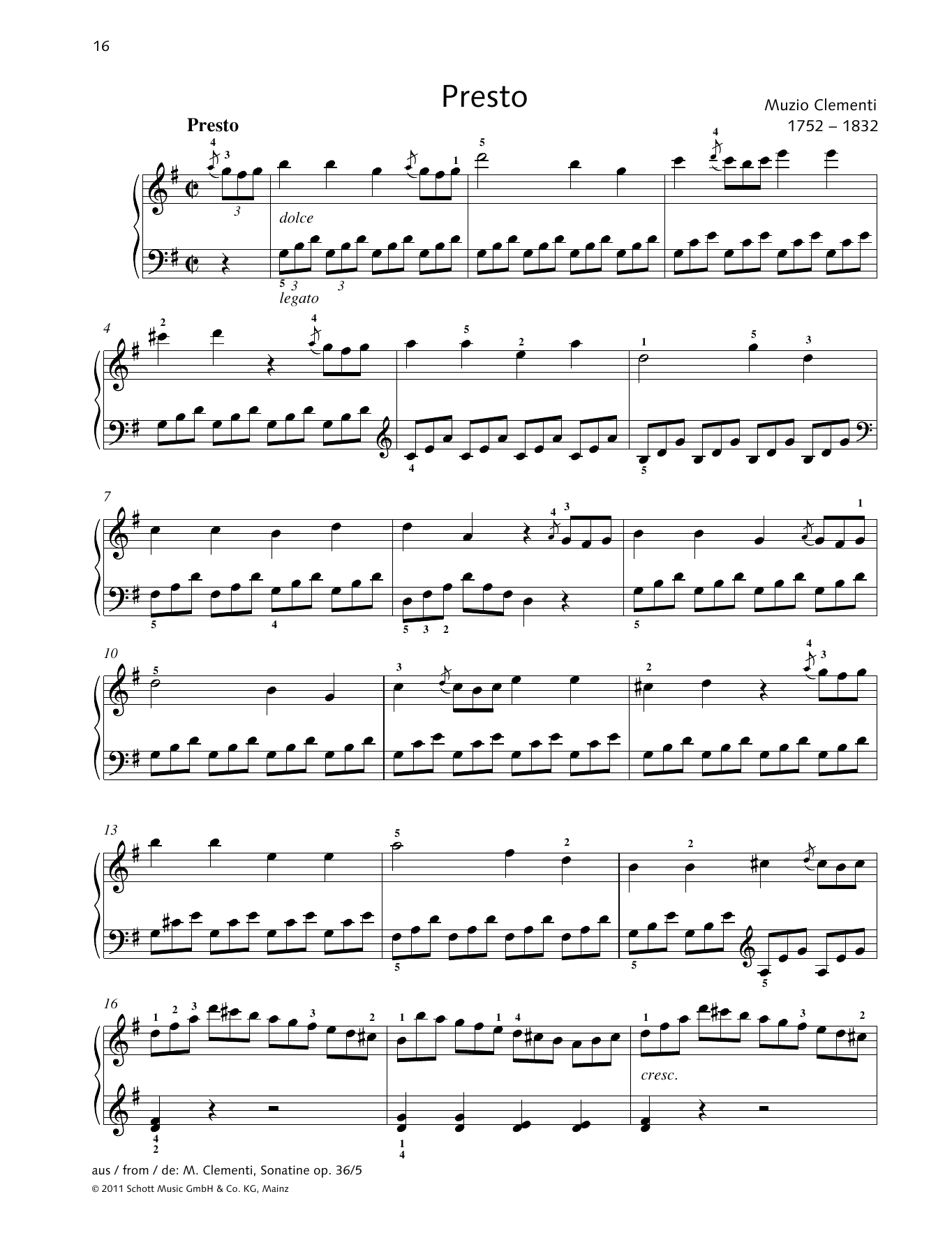 Muzio Clementi Presto sheet music notes and chords arranged for Piano Solo