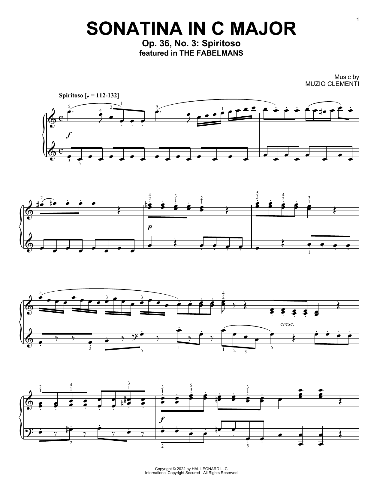 Muzio Clementi Sonatina In C Major (Op. 36, No. 3: Spiritoso) sheet music notes and chords arranged for Piano Solo