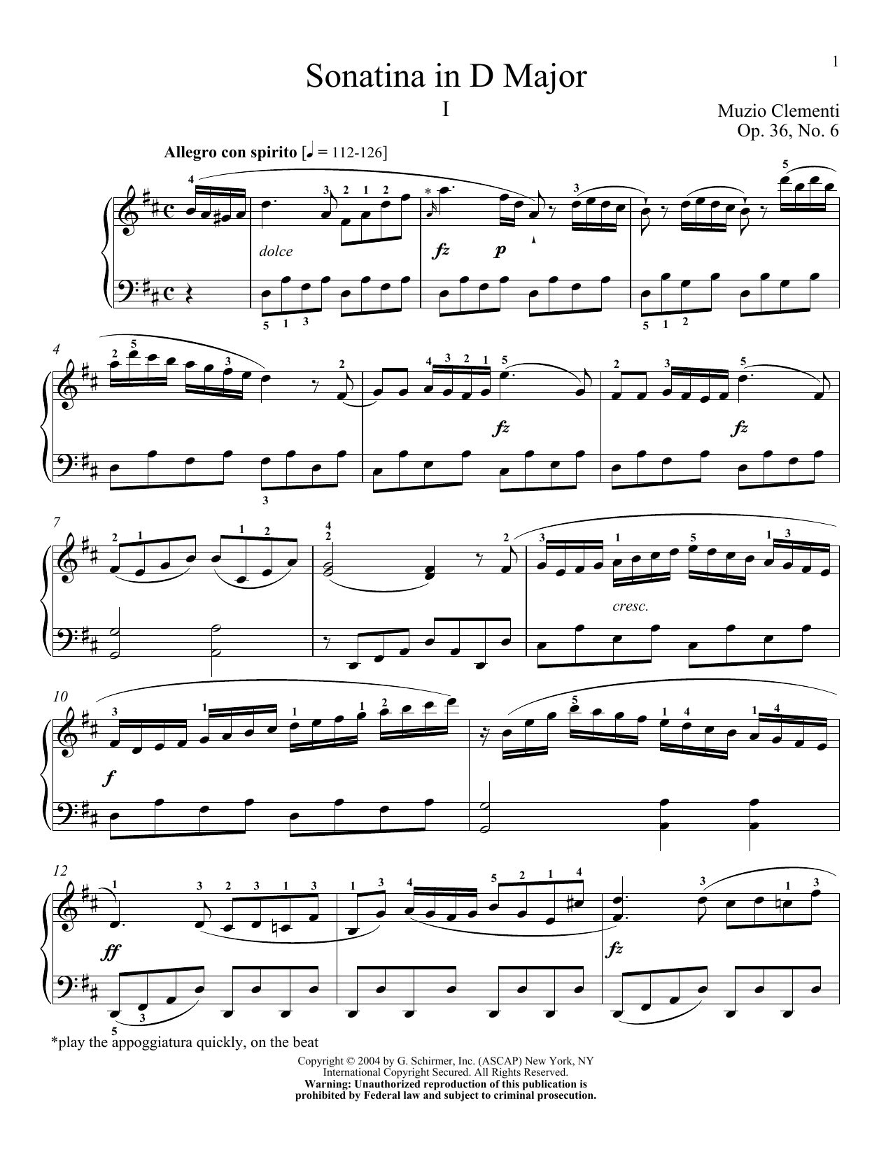 Muzio Clementi Sonatina In D Major, Op. 36, No. 6 sheet music notes and chords arranged for Piano Solo
