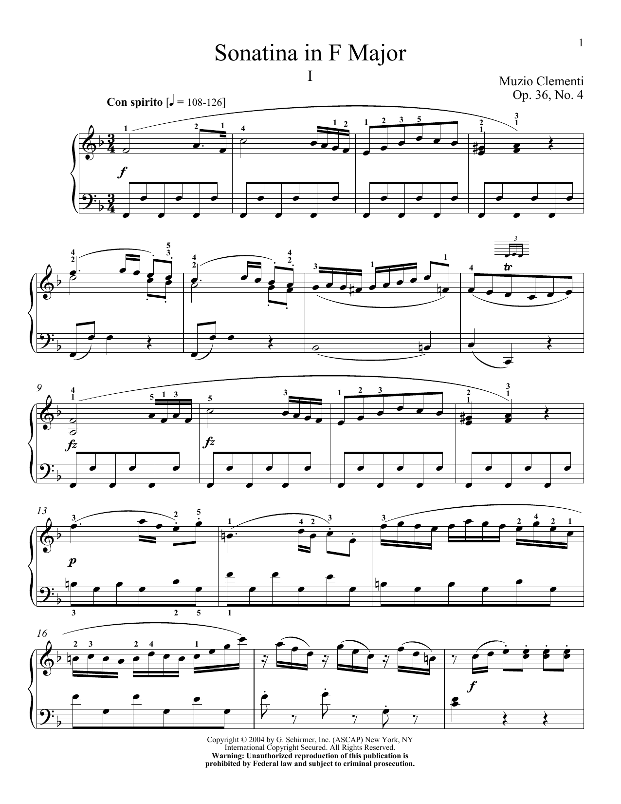 Muzio Clementi Sonatina In F Major, Op. 36, No. 4 sheet music notes and chords arranged for Piano Solo