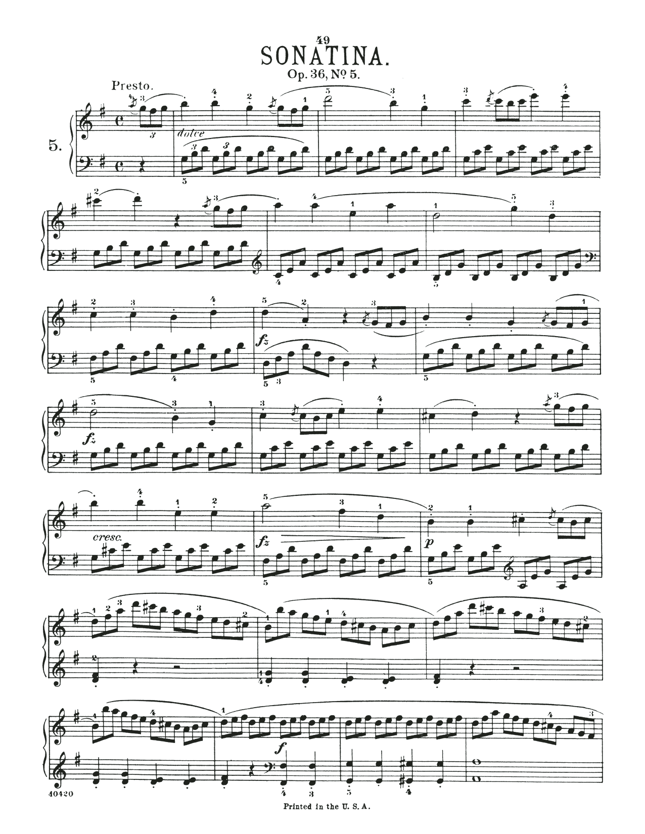 Muzio Clementi Sonatina In G Major, Op. 36, No. 5 sheet music notes and chords arranged for Piano Solo