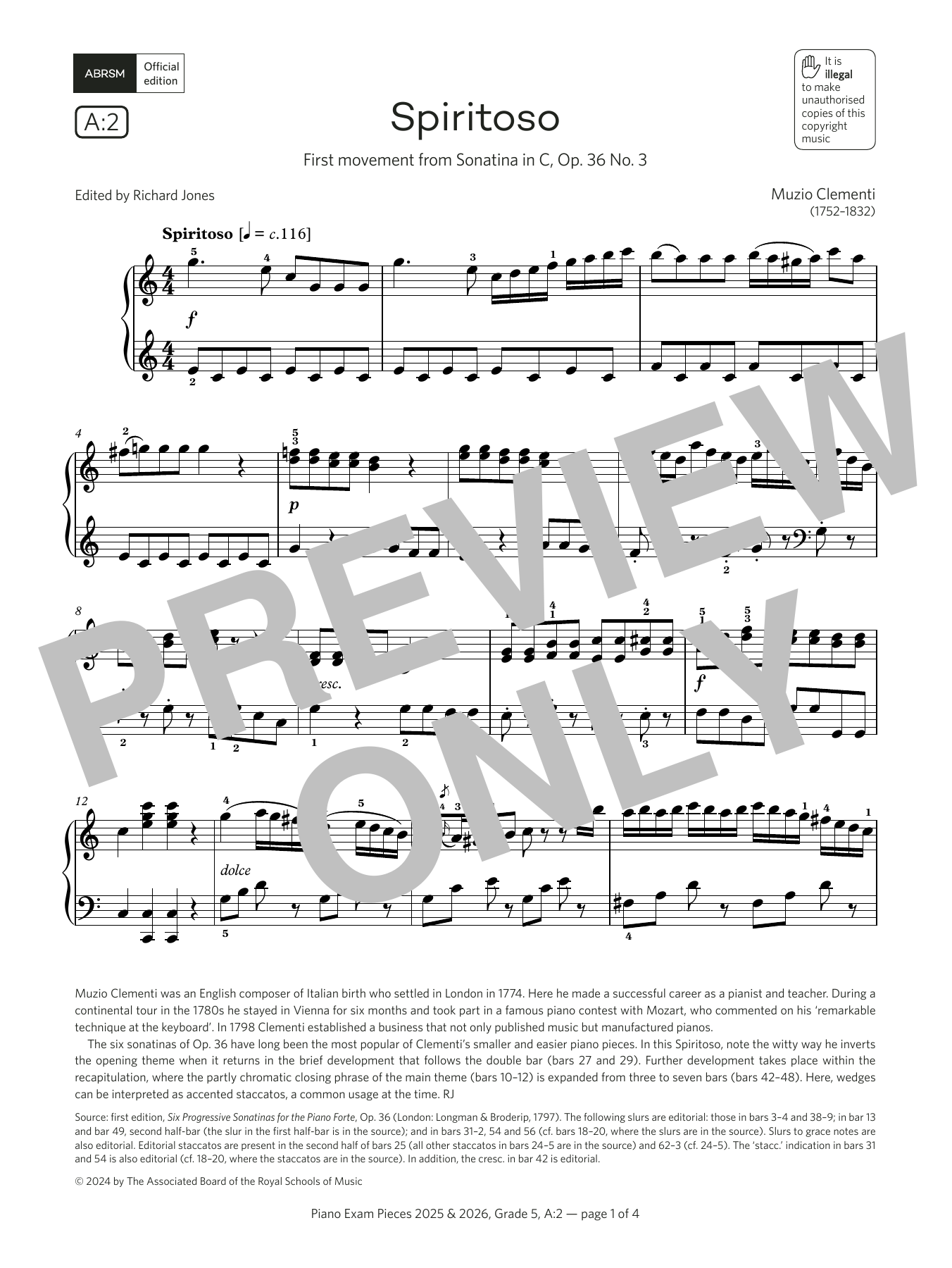 Muzio Clementi Spiritoso (Grade 5, list A2, from the ABRSM Piano Syllabus 2025 & 2026) sheet music notes and chords arranged for Piano Solo