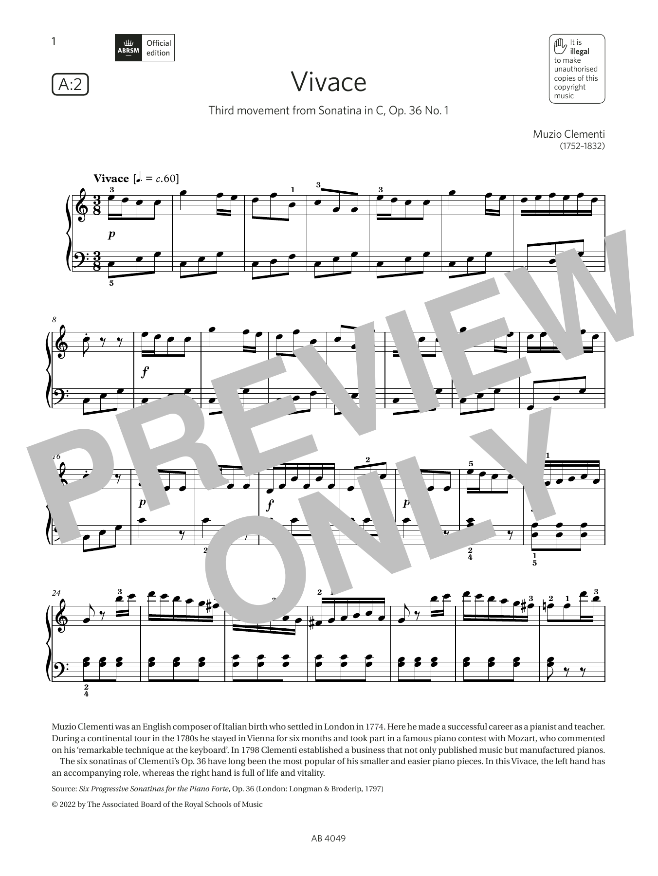 Muzio Clementi Vivace (Grade 3, list A2, from the ABRSM Piano Syllabus 2023 & 2024) sheet music notes and chords arranged for Piano Solo