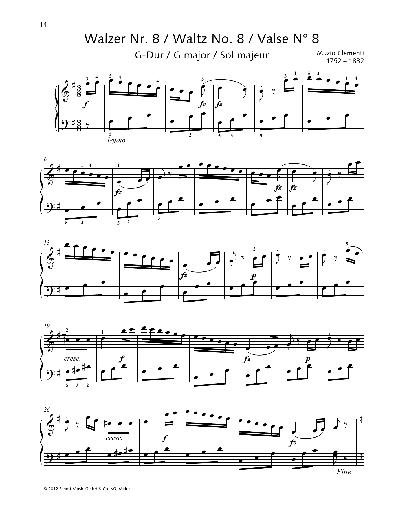 Muzio Clementi Waltz No. 8 G major sheet music notes and chords arranged for Piano Solo