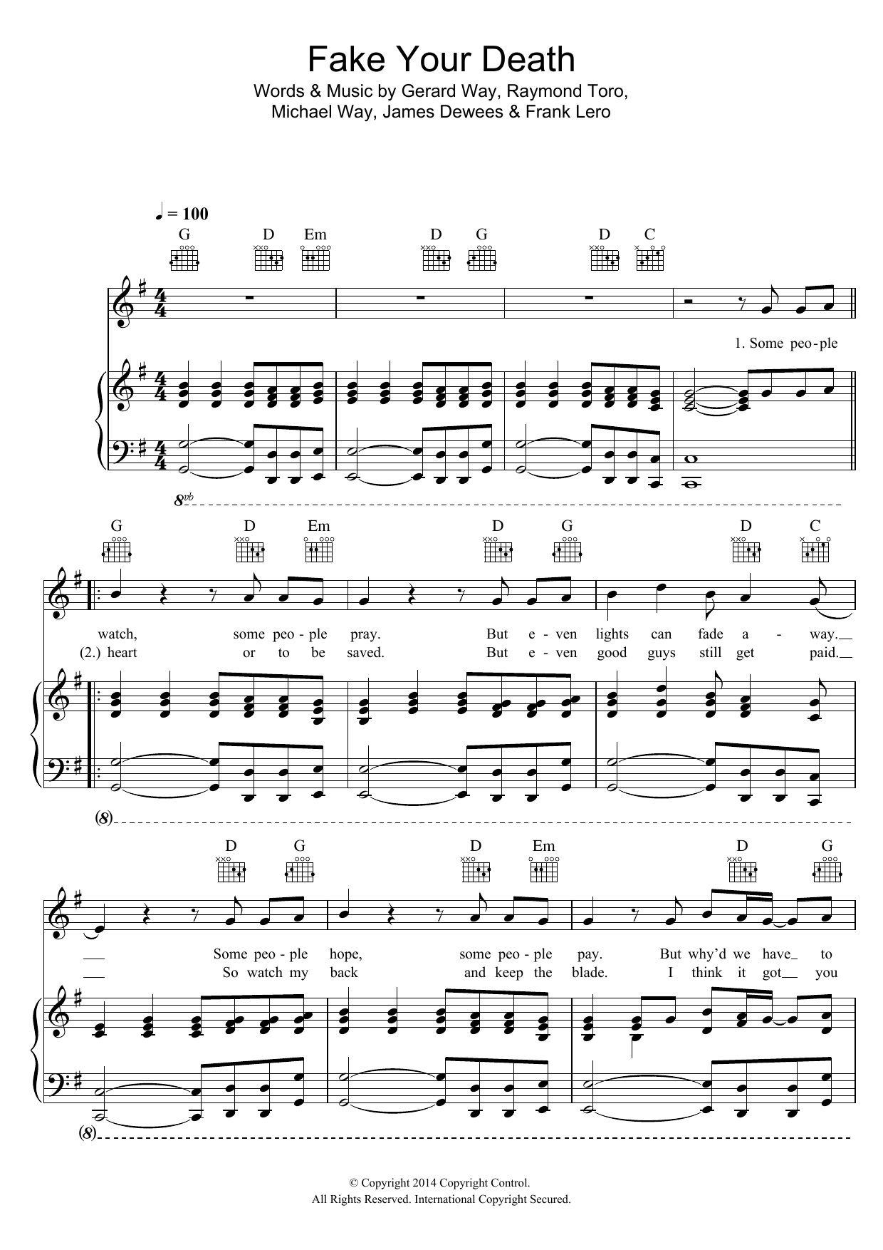 My Chemical Romance Fake Your Death sheet music notes and chords arranged for Piano, Vocal & Guitar Chords