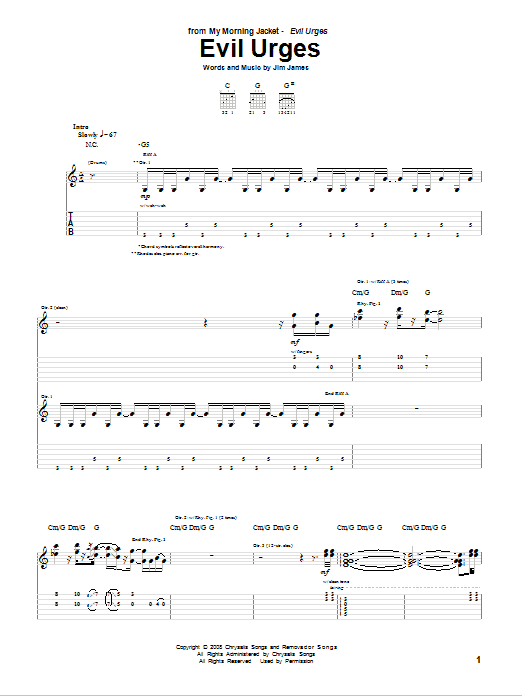 My Morning Jacket Evil Urges sheet music notes and chords arranged for Guitar Tab