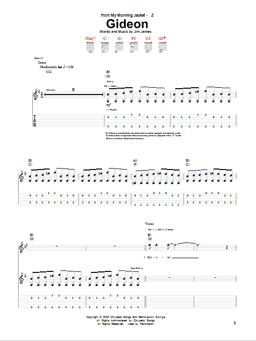 My Morning Jacket Gideon sheet music notes and chords arranged for Guitar Tab